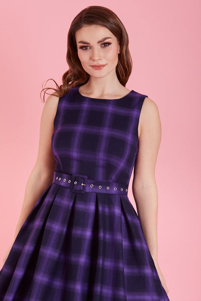 Annie Retro Black & Purple Tartan Swing Dress2