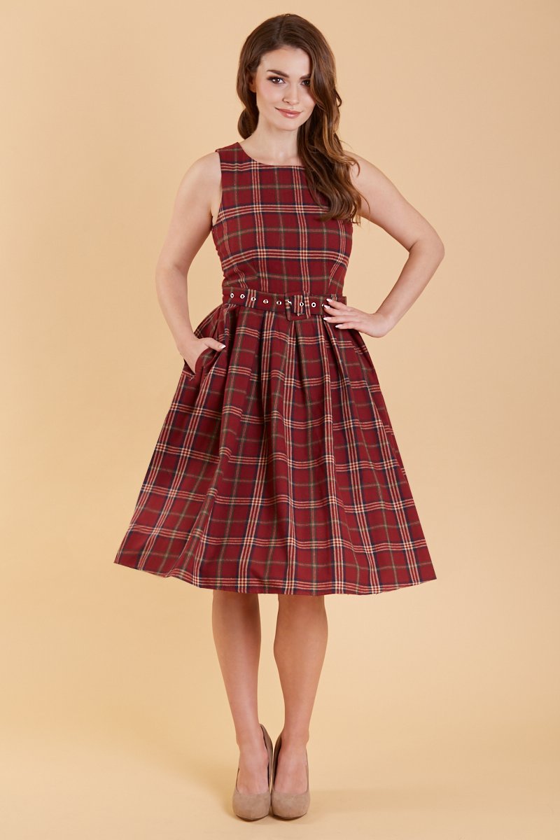 Annie Retro Burgundy Tartan Swing Dress1