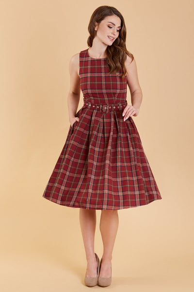 Annie Retro Burgundy Tartan Swing Dress2