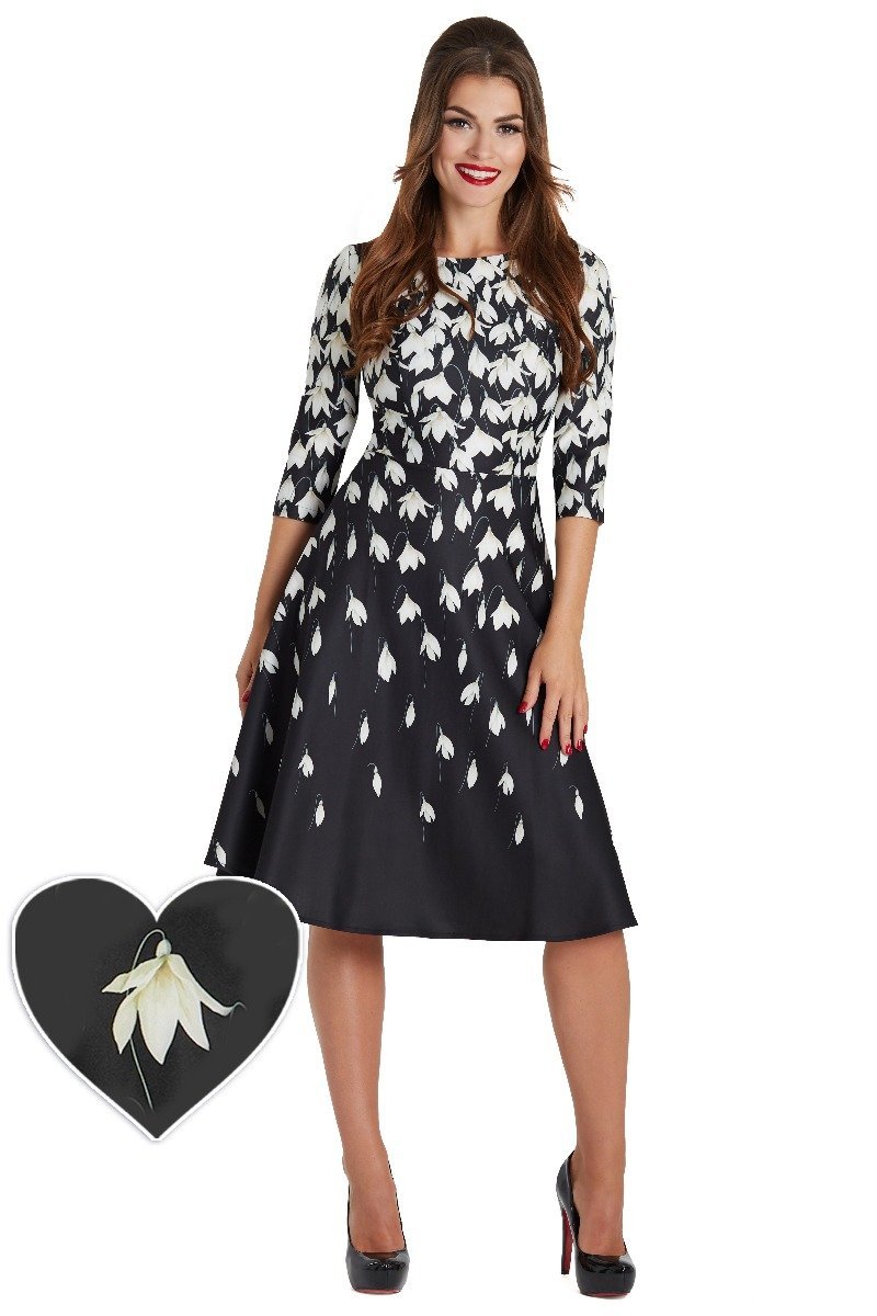 Beatrix Long Sleeved Black Midi Dress in Falling Snowdrop Print1