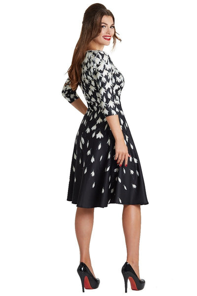 Beatrix Long Sleeved Black Midi Dress in Falling Snowdrop Print3