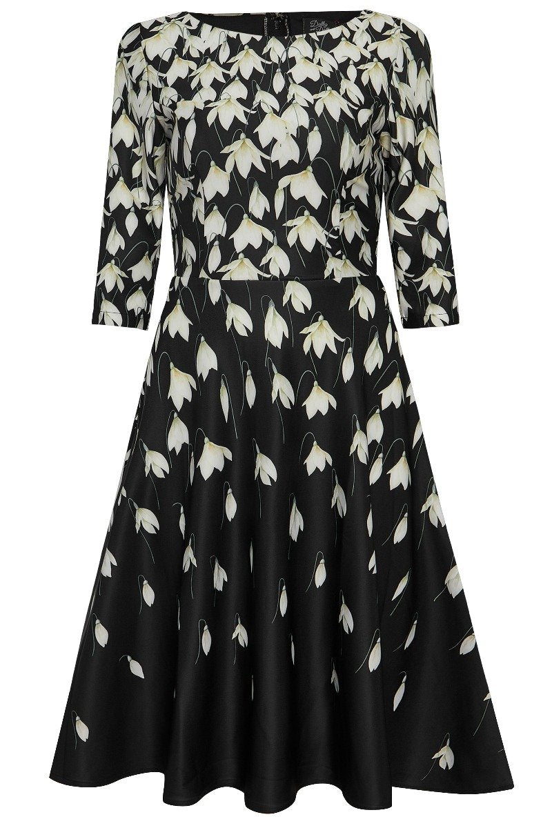 Beatrix Long Sleeved Black Midi Dress in Falling Snowdrop Print4
