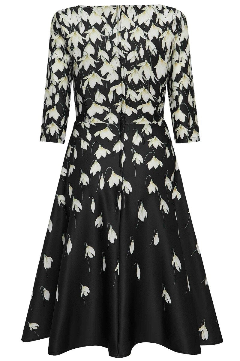 Beatrix Long Sleeved Black Midi Dress in Falling Snowdrop Print5