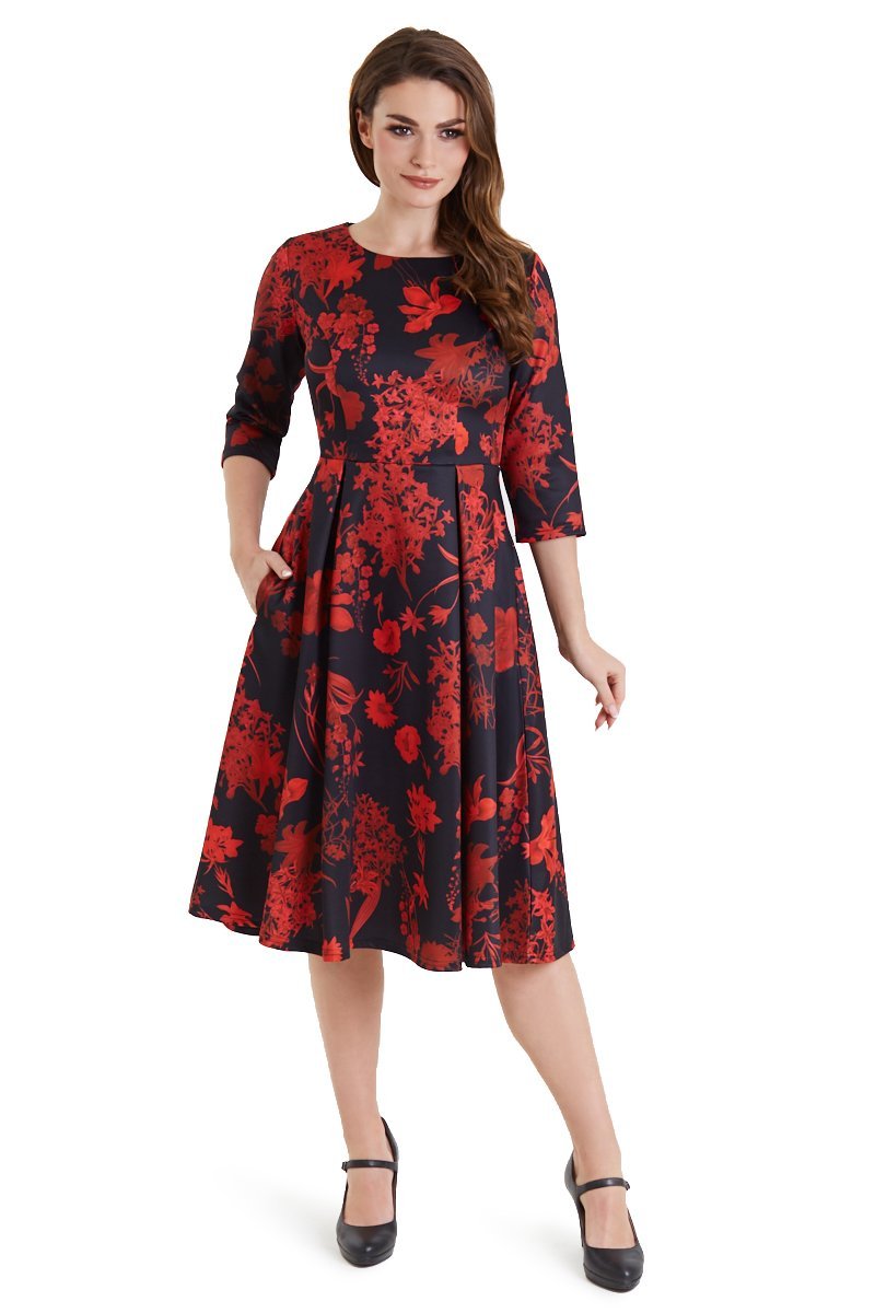 Beatrix Long Sleeved Black Midi Dress in Red Floral1