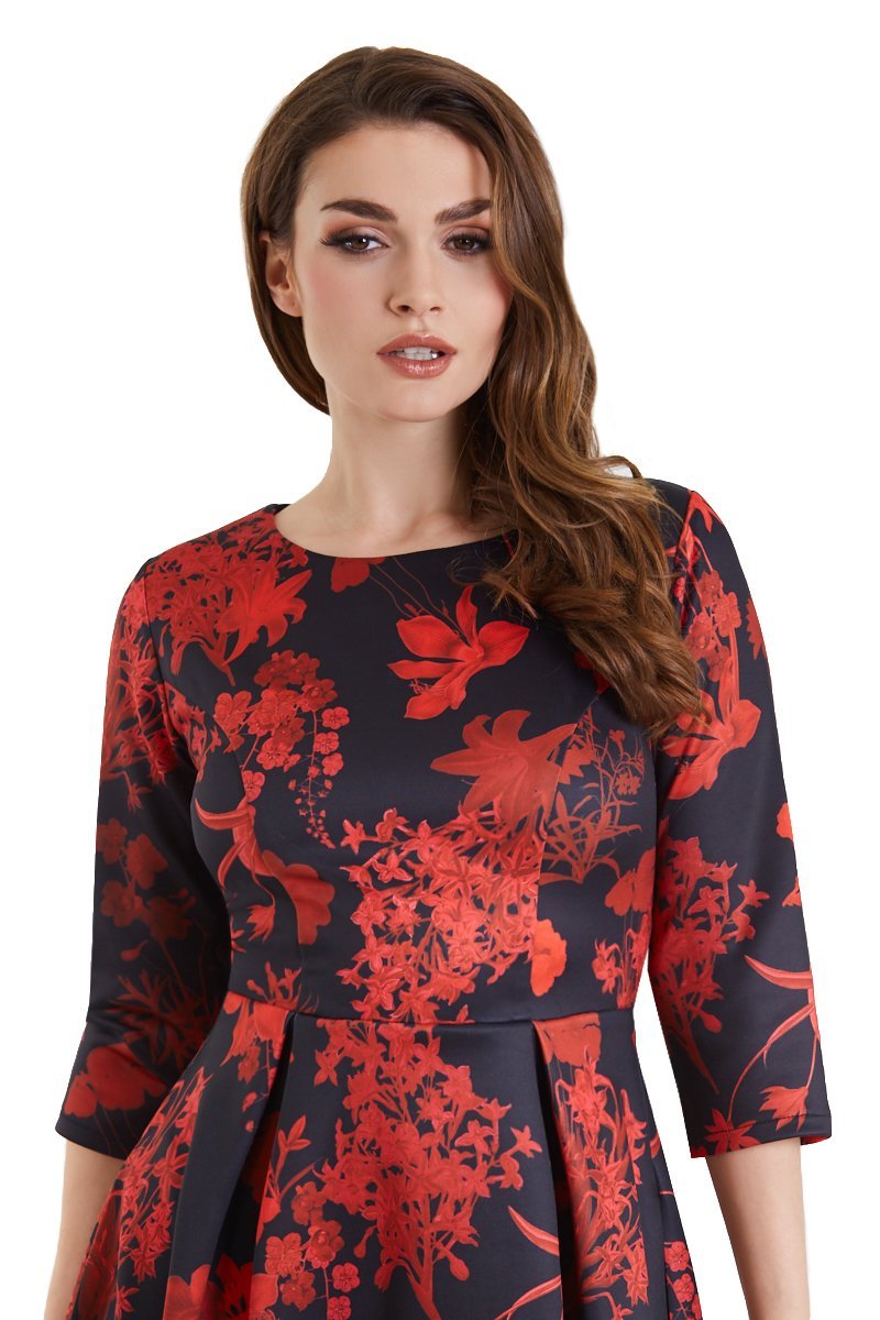 Beatrix Long Sleeved Black Midi Dress in Red Floral2