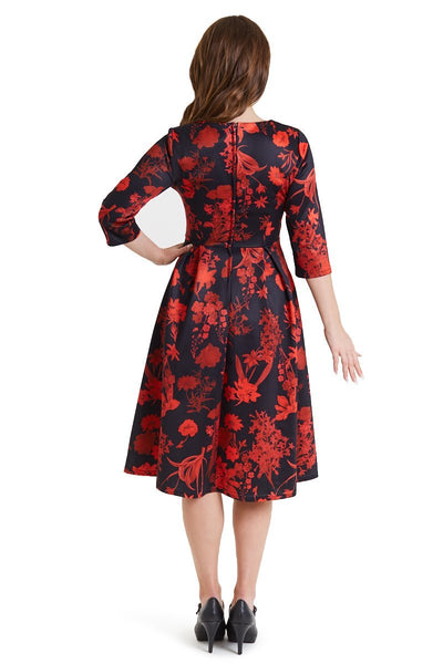 Beatrix Long Sleeved Black Midi Dress in Red Floral3