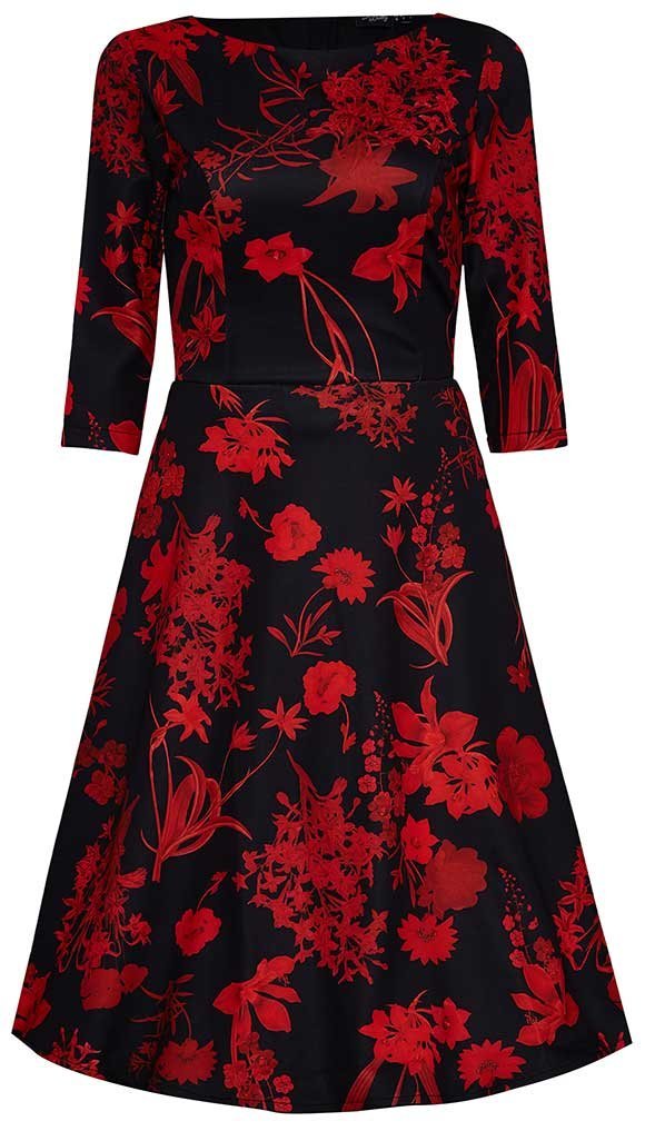 Beatrix Long Sleeved Black Midi Dress in Red Floral4