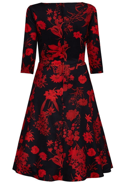 Beatrix Long Sleeved Black Midi Dress in Red Floral5