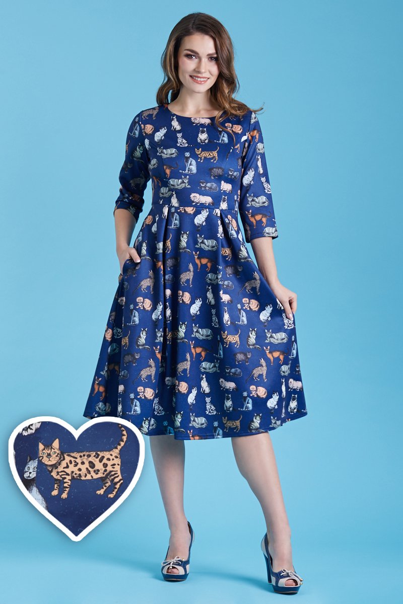 Long Sleeved Blue Midi Cat Dress1