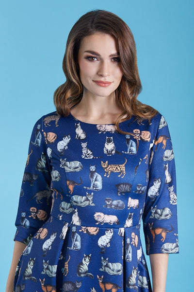 Beatrix Long Sleeved Blue Midi Cat Dress2
