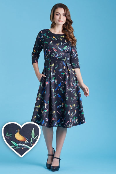 Beatrix Long Sleeved Midi Dress in Black Bird Print1
