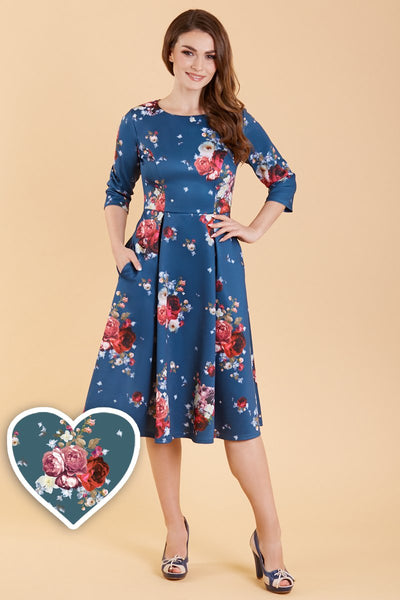 Beatrix Long Sleeved Navy & Red Floral Midi Dr1