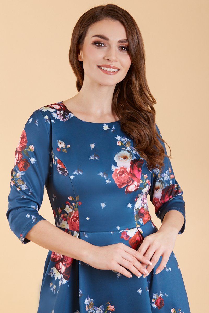 Beatrix Long Sleeved Navy & Red Floral Midi Dr3