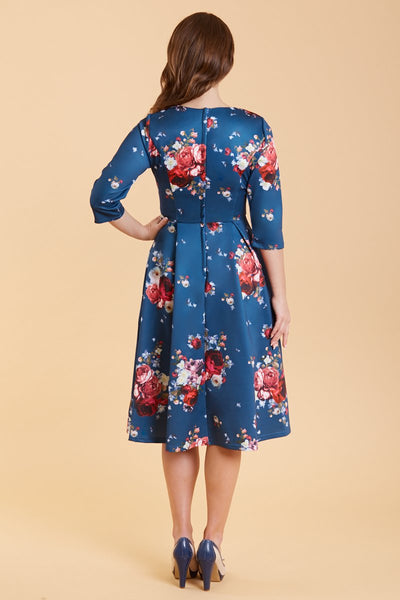 Beatrix Long Sleeved Navy & Red Floral Midi Dr4