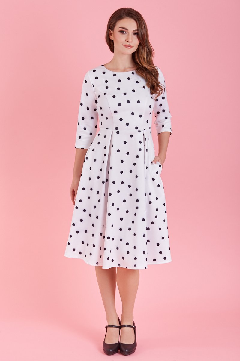 Beatrix Long Sleeved White Polka Dot Midi Dress1