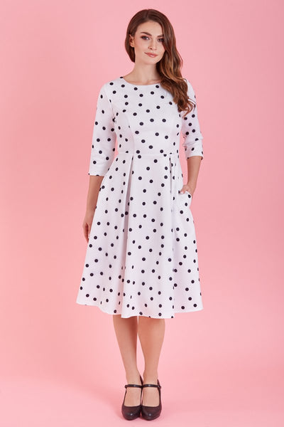 Beatrix Long Sleeved White Polka Dot Midi Dress1