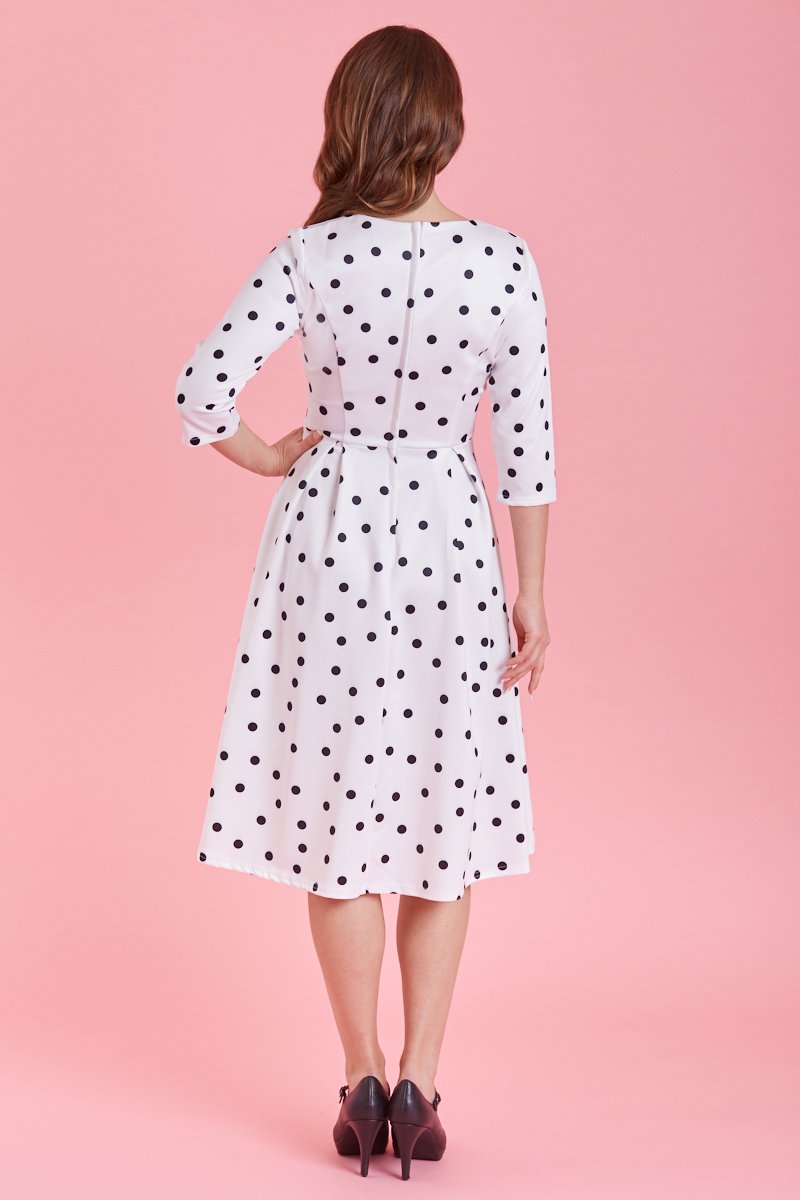 Beatrix Long Sleeved White Polka Dot Midi Dress3