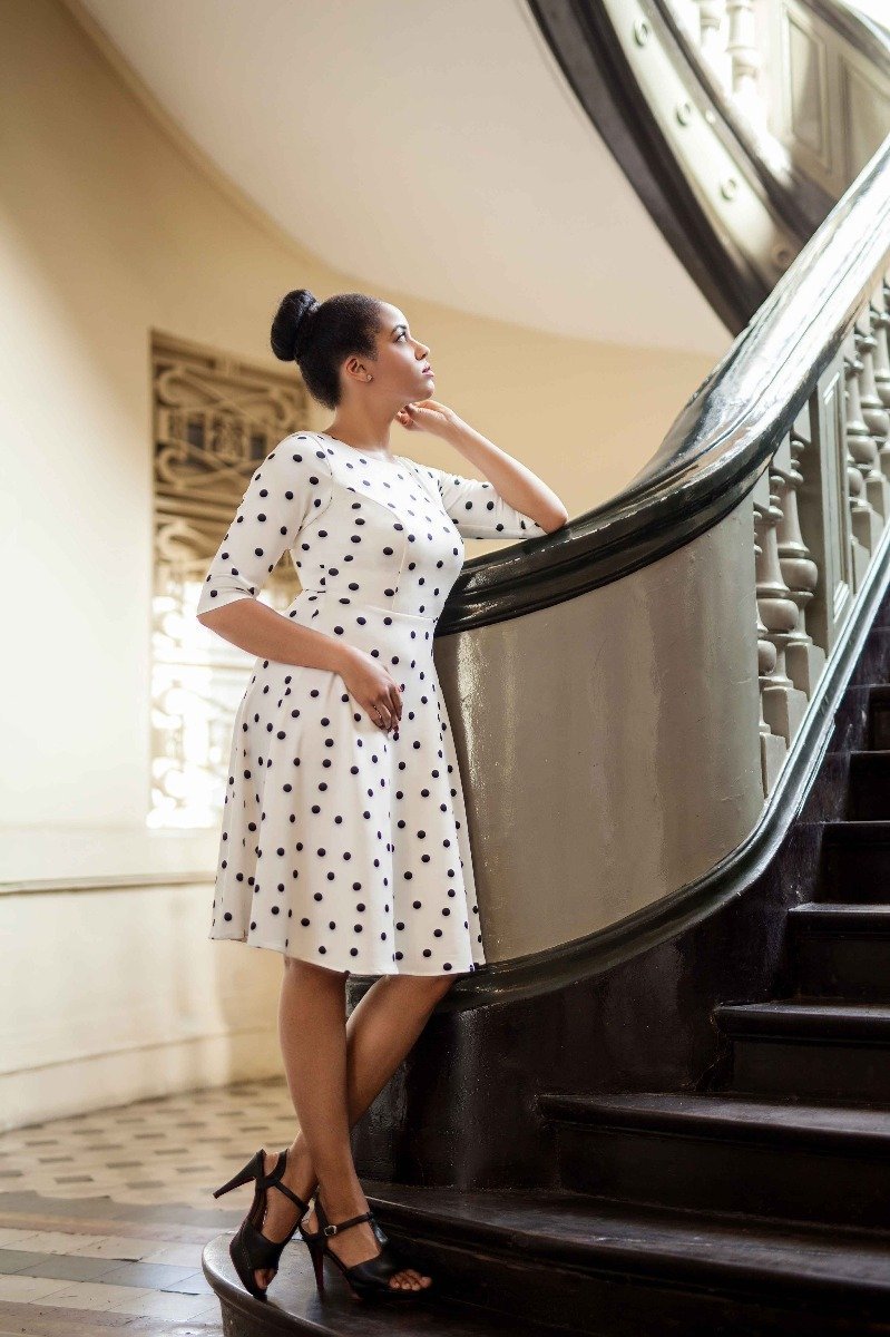 Beatrix Long Sleeved White Polka Dot Midi Dress4