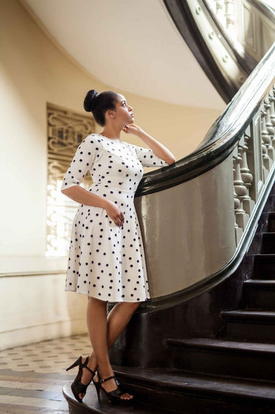 Beatrix Long Sleeved White Polka Dot Midi Dress4