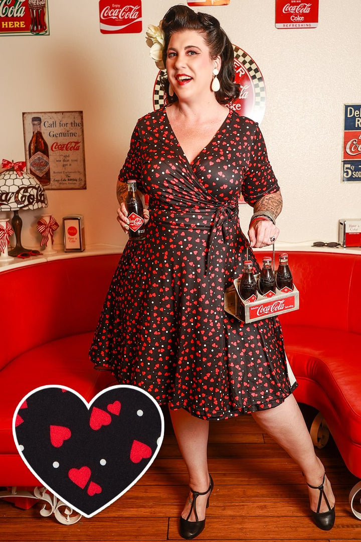 Matilda Casual Wrap Dress in Black Red Heart Print Dolly and Dotty