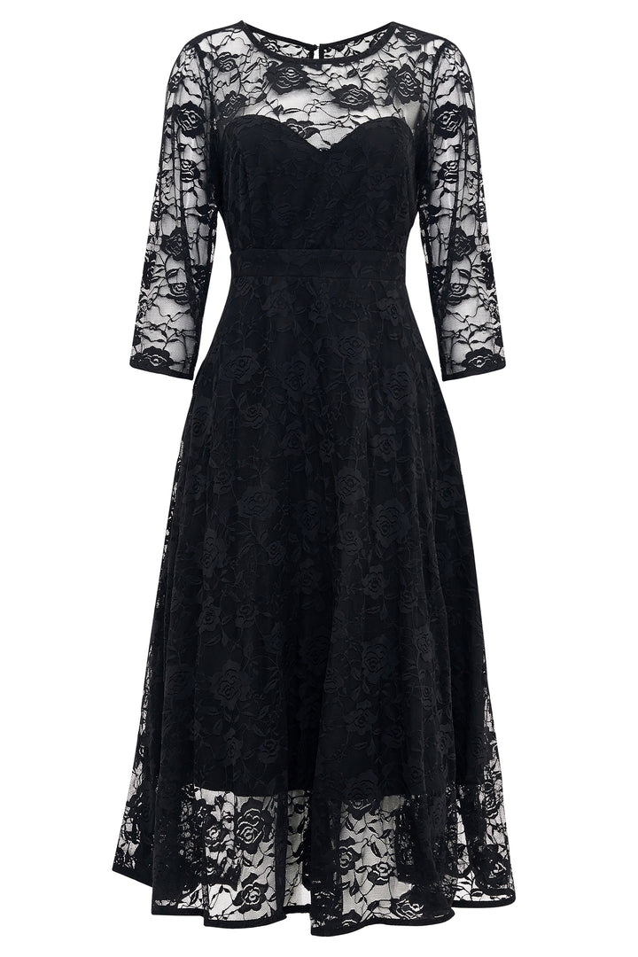 Long Sleeved Mid Calf Formal Lace Dress in Black