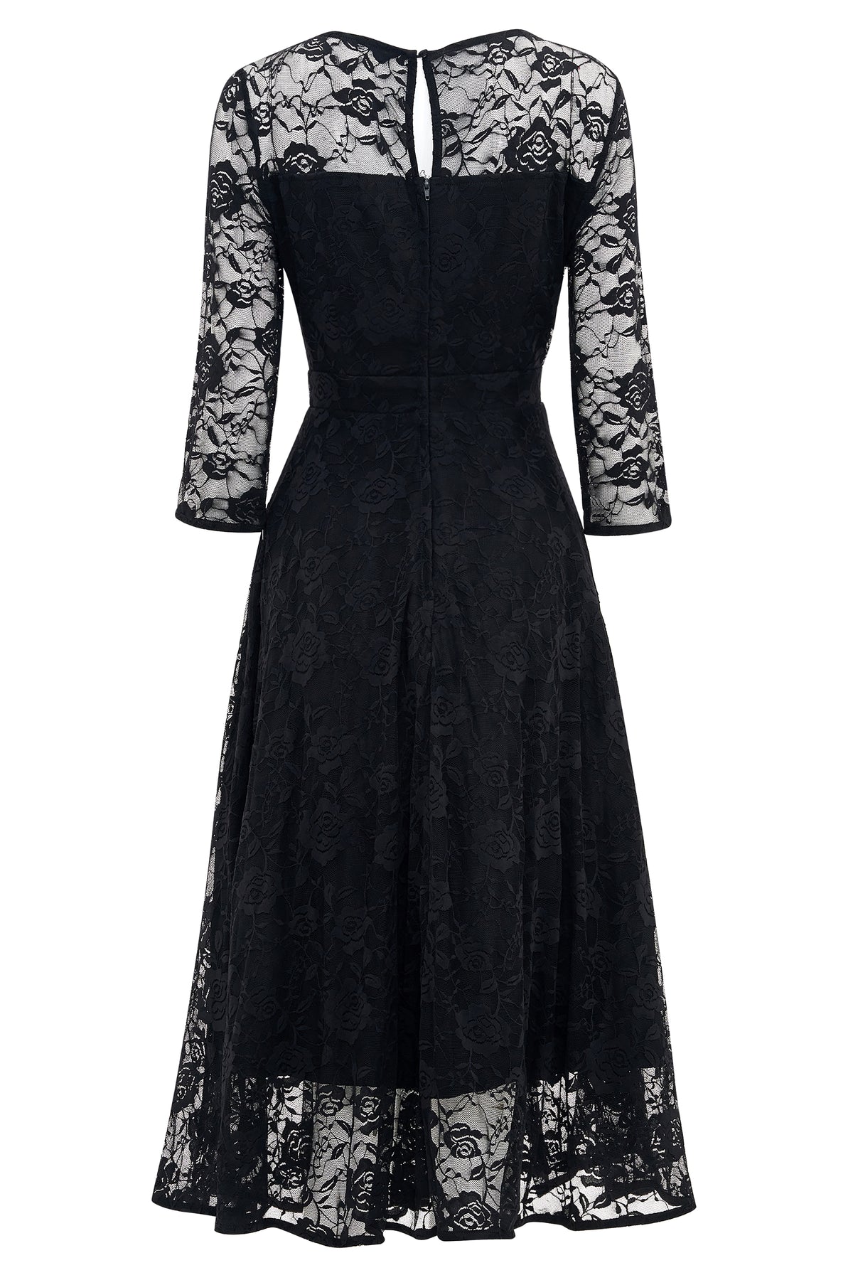 Long Sleeved Mid Calf Formal Lace Dress in Black