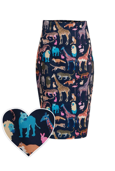 Front view of Black Pencil Skirt In Animal Jungle Print