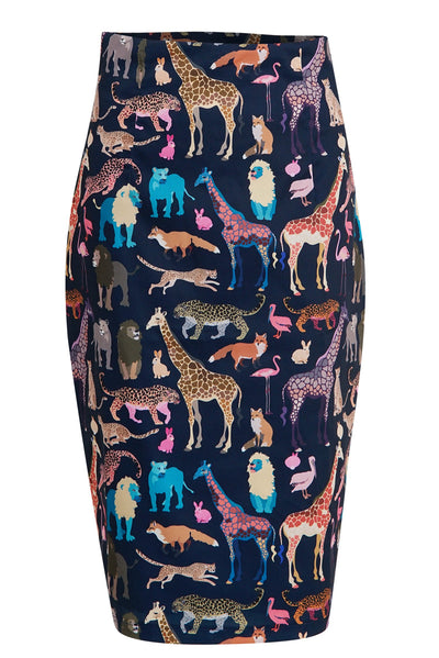 Front view of Black Pencil Skirt In Animal Jungle Print