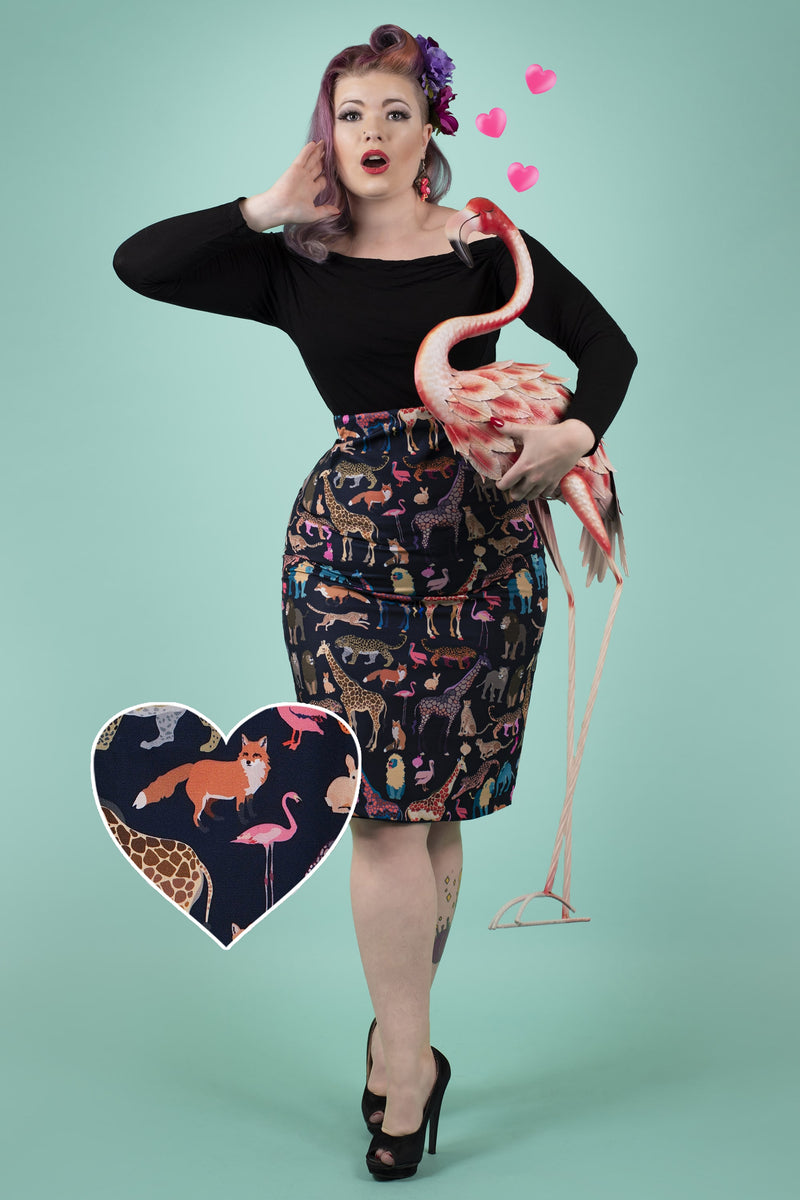 A model wearing Black Pencil Skirt In Animal Jungle Print