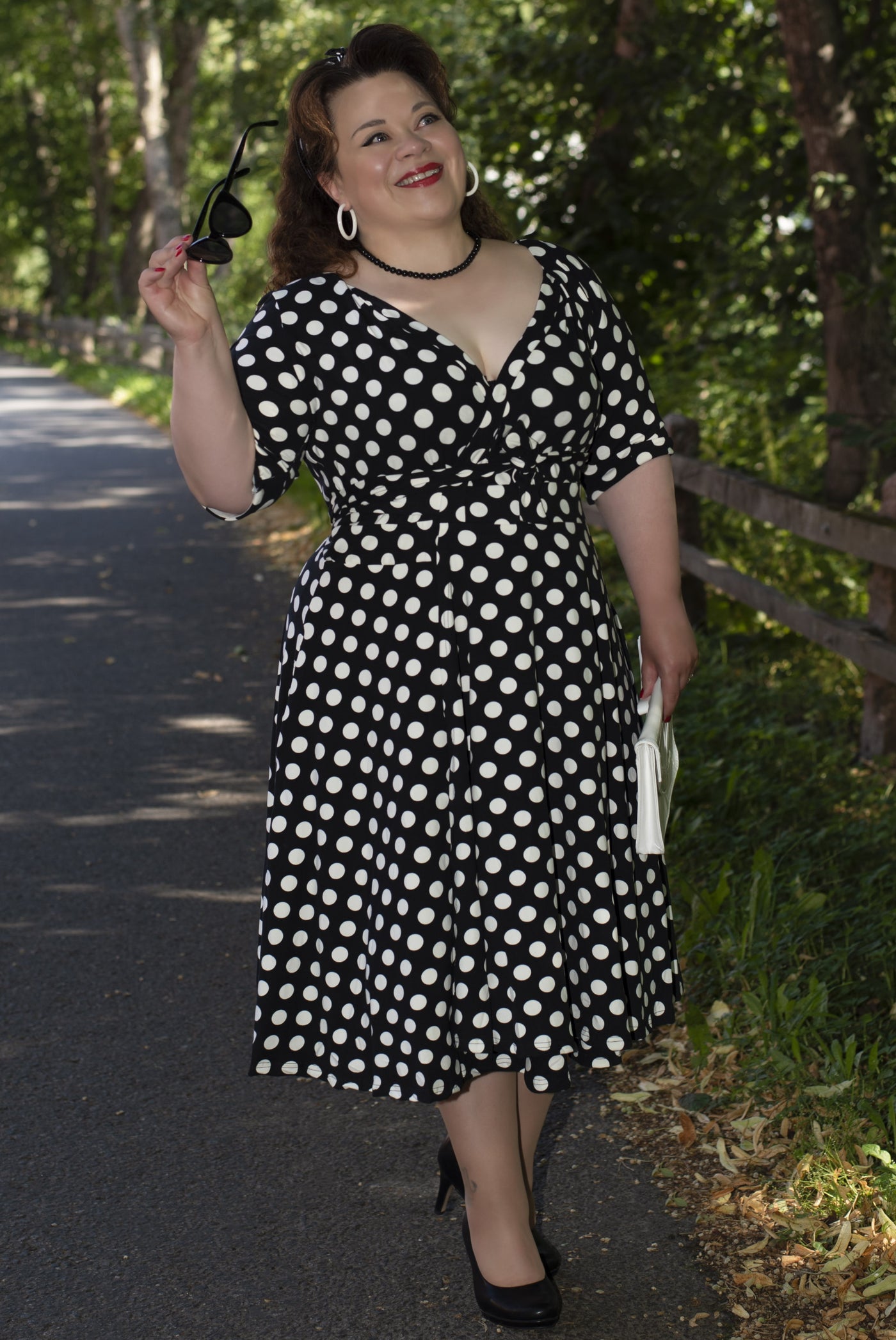 Matilda Wrap Day Dress in Black/White Polka Dot Print