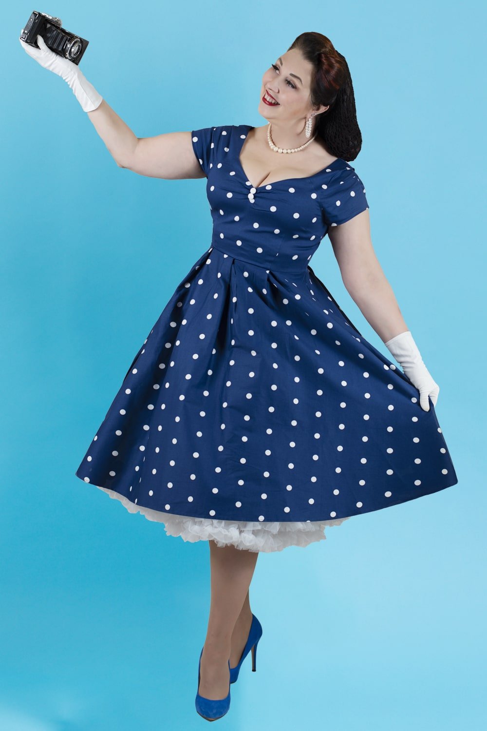 Blue Polka Dot Off Shoulder Full Circle Dress