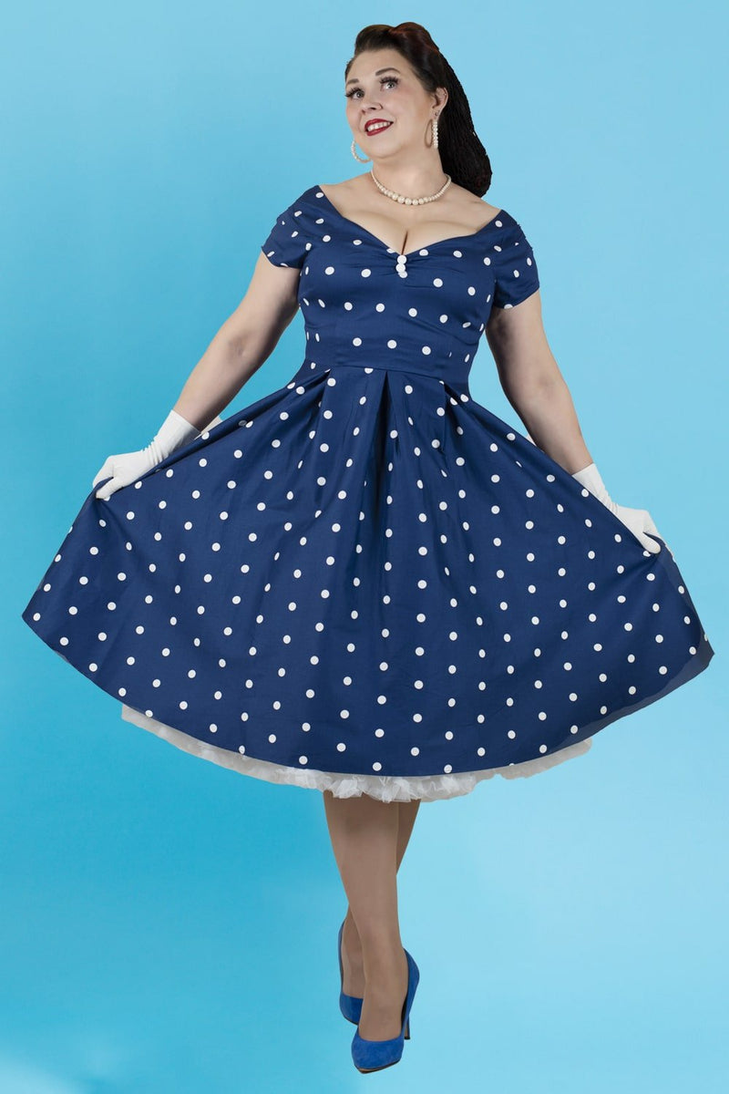 Lily Off-Shoulder Full Circle Dress in Dark Blue Polka Dot