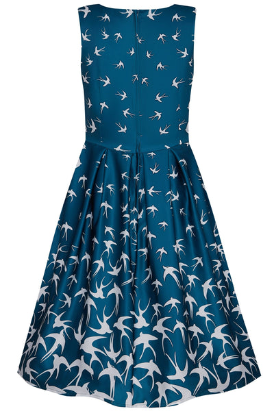 Back view of Blue Swing Dress with Raising Swallow Birds