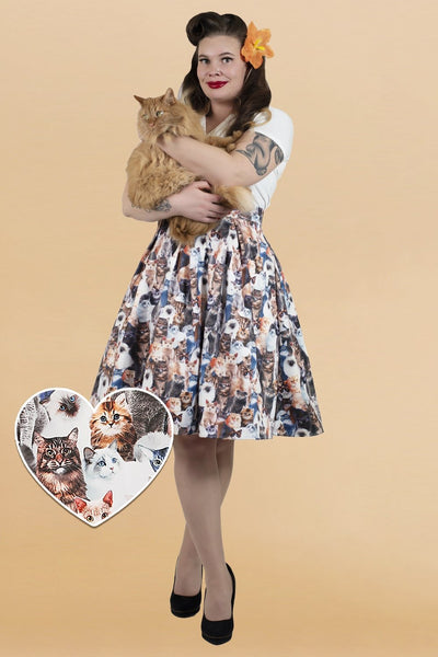 Box Pleat Skirt in Cute Cat Print