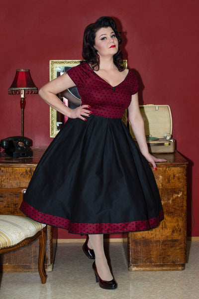 Burgundy & Black Polka Dot Off Shoulder Dress