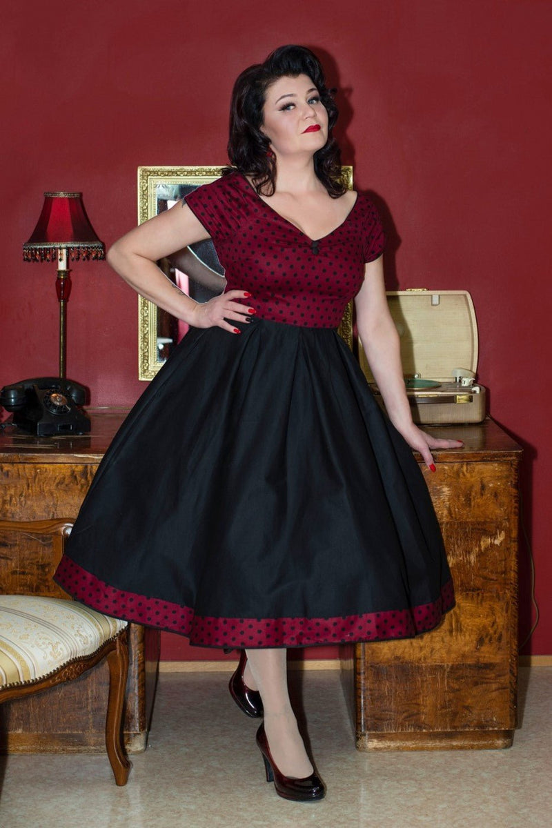 Burgundy & Black Polka Dot Off Shoulder Dress