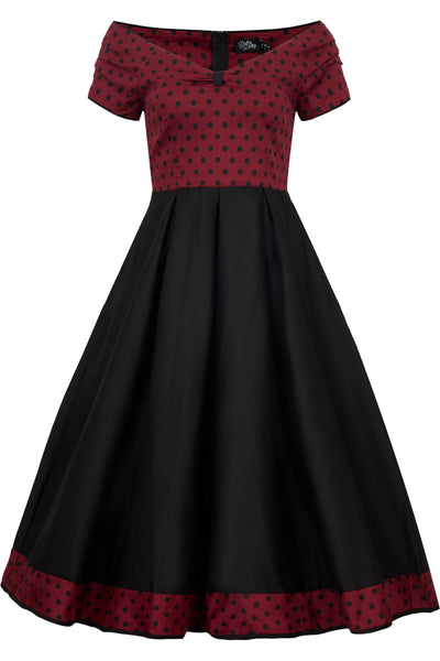 Front view of Burgundy & Black Polka Dot Off Shoulder Dress