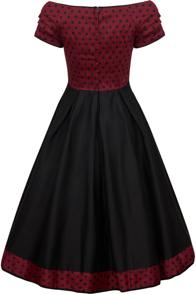 Back view of Burgundy & Black Polka Dot Off Shoulder Dress
