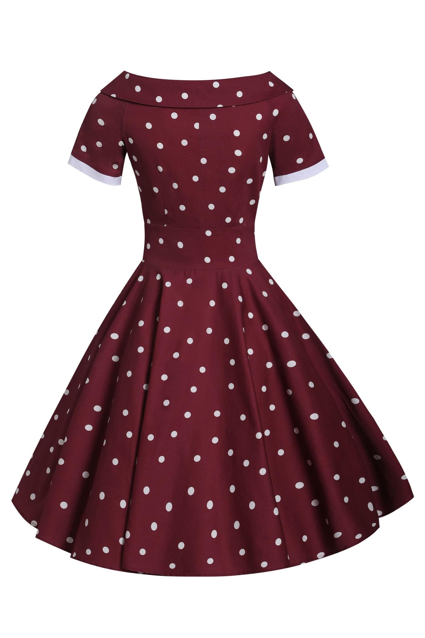 Back view of Burgundy & White Off Shoulder Circle Dress