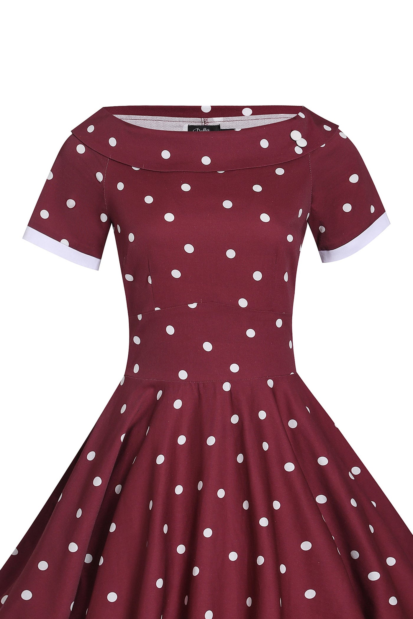 Close up view of Burgundy & White Off Shoulder Circle Dress
