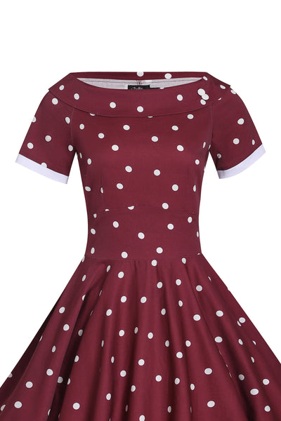 Close up view of Burgundy & White Off Shoulder Circle Dress