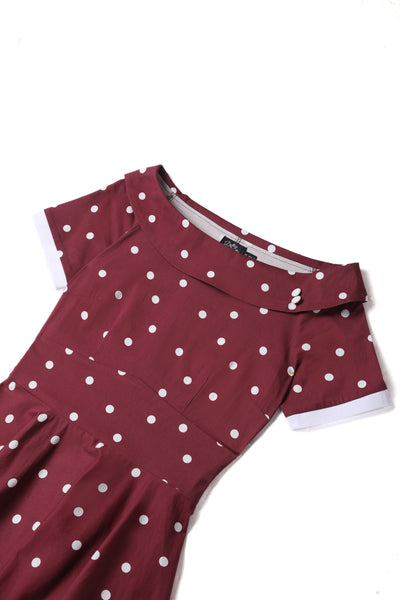 Close up view of Burgundy & White Off Shoulder Circle Dress