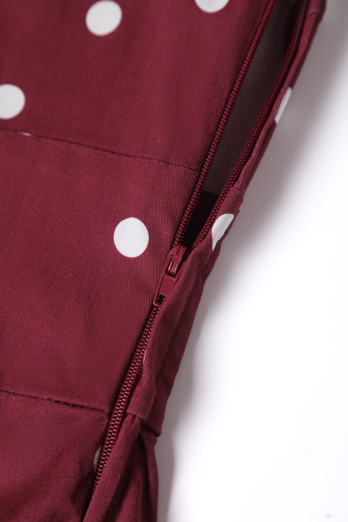 Close up view of Burgundy & White Off Shoulder Circle Dress