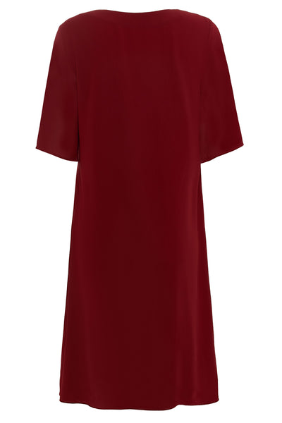 Dora summer day casual dress in burgundy red, back view