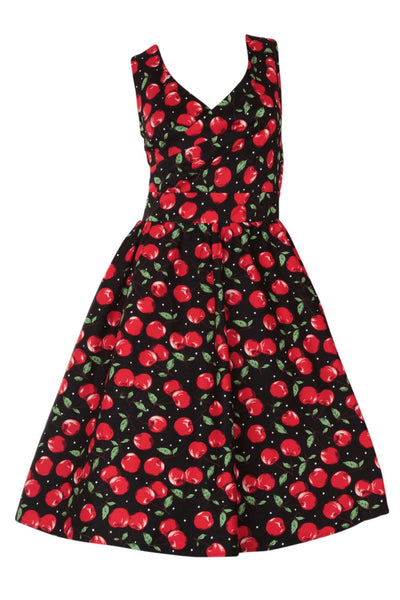Front view of Cherry Print V Neck Flared Dress