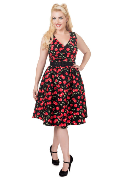 A model wearing Cherry Print V Neck Flared Dress