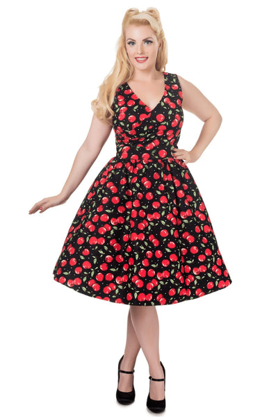 A model wearing Cherry Print V Neck Flared Dress