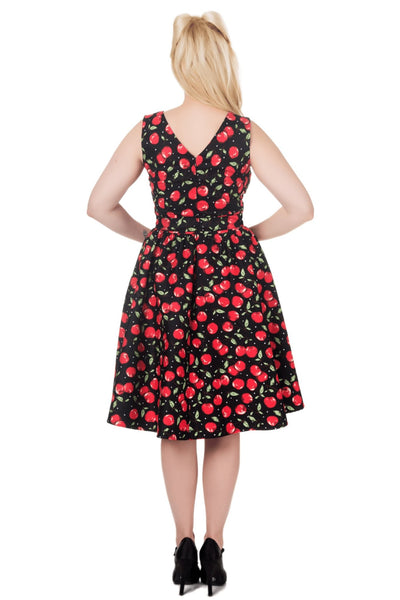A model wearing Cherry Print V Neck Flared Dress