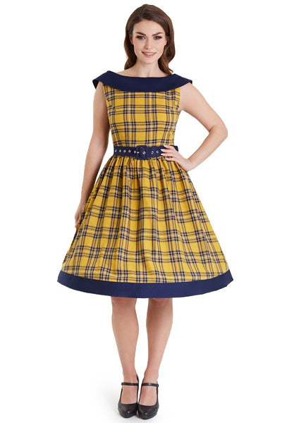 Cindy Navy & Yellow Tartan Circle Dress1