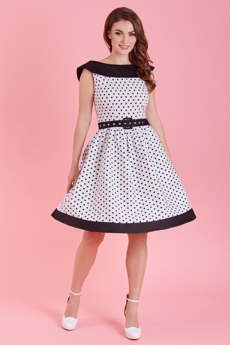 Model Wearing White & Black Polka Dot 1950's Dress, Front View